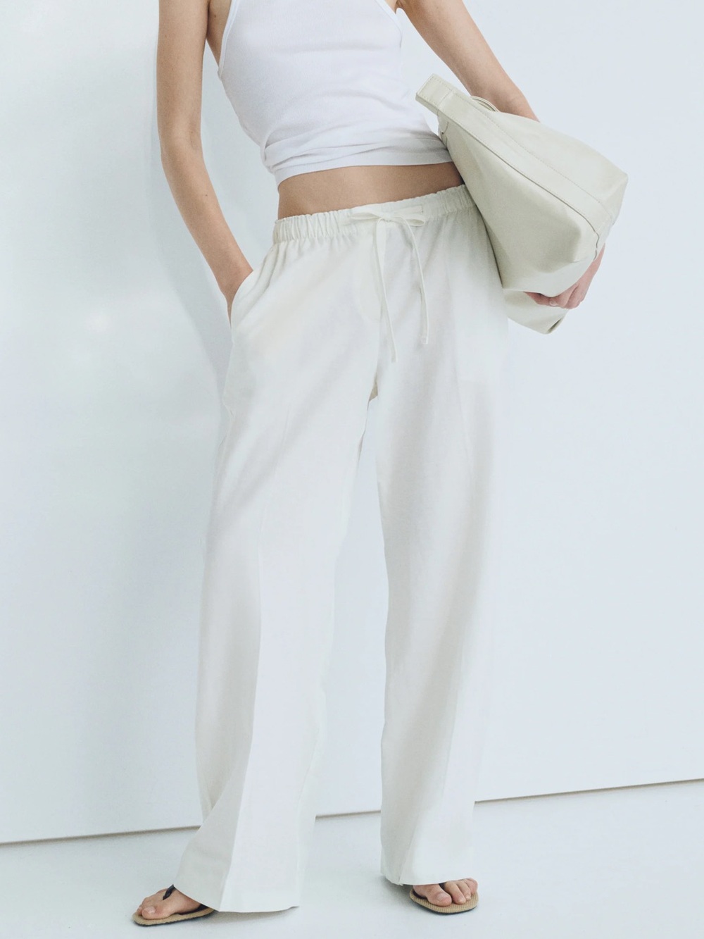H&M White Linen-Blend Pants Size Large Wide Leg Drawstring Beach Boho Comfy